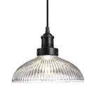 Industrial-style pendant light with a glass dome with a black holder.