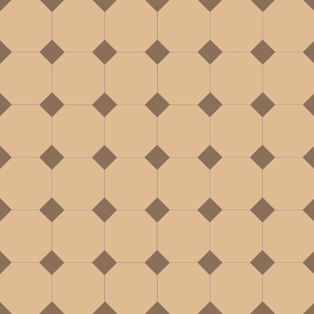 Classic Victorian-style floor tile pattern featuring brown octagons with small coffee-brown square inserts at each corner, forming a traditional octagon-and-dot design. 