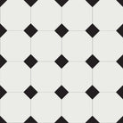 Classic Victorian-style floor tile pattern featuring white octagons with small black square inserts at each corner, forming a traditional octagon-and-dot design. 