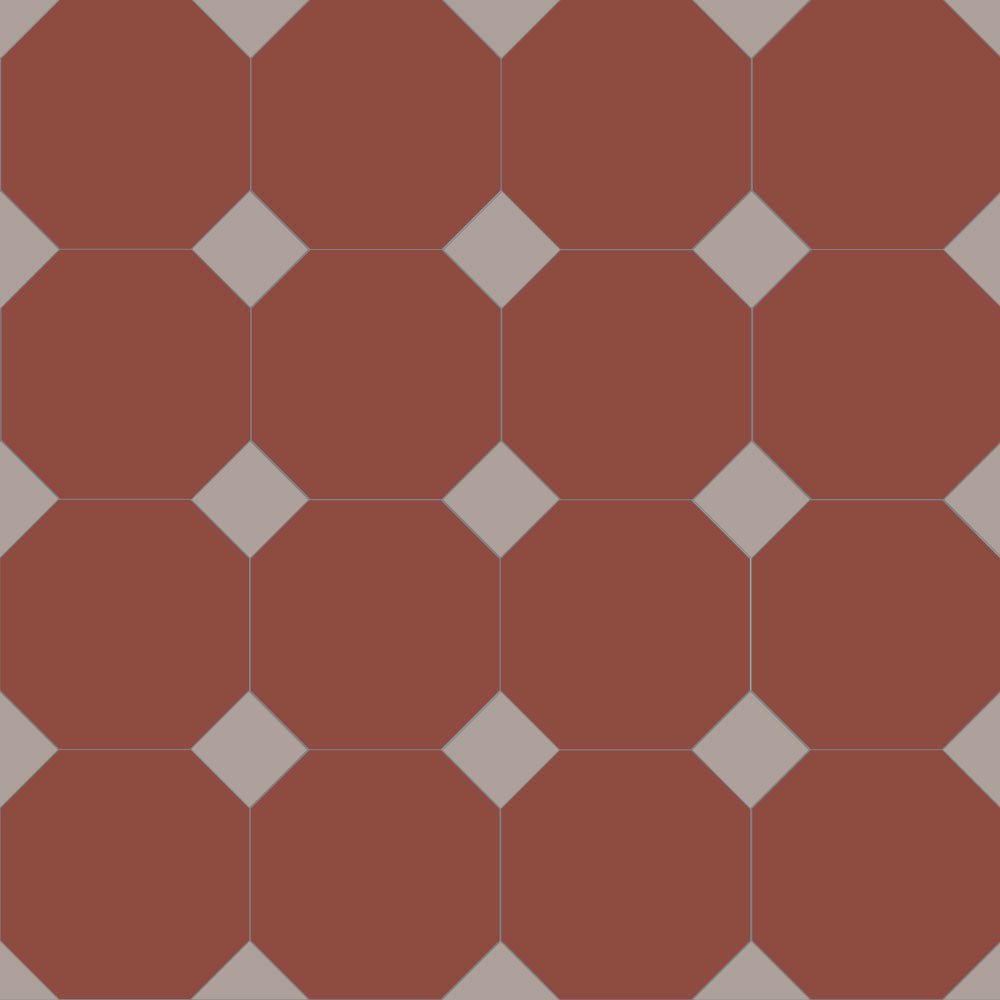 Classic Victorian-style floor tile pattern featuring red octagons with small grey square inserts at each corner, forming a traditional octagon-and-dot design. 