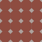 Classic Victorian-style floor tile pattern featuring red octagons with small grey square inserts at each corner, forming a traditional octagon-and-dot design. 