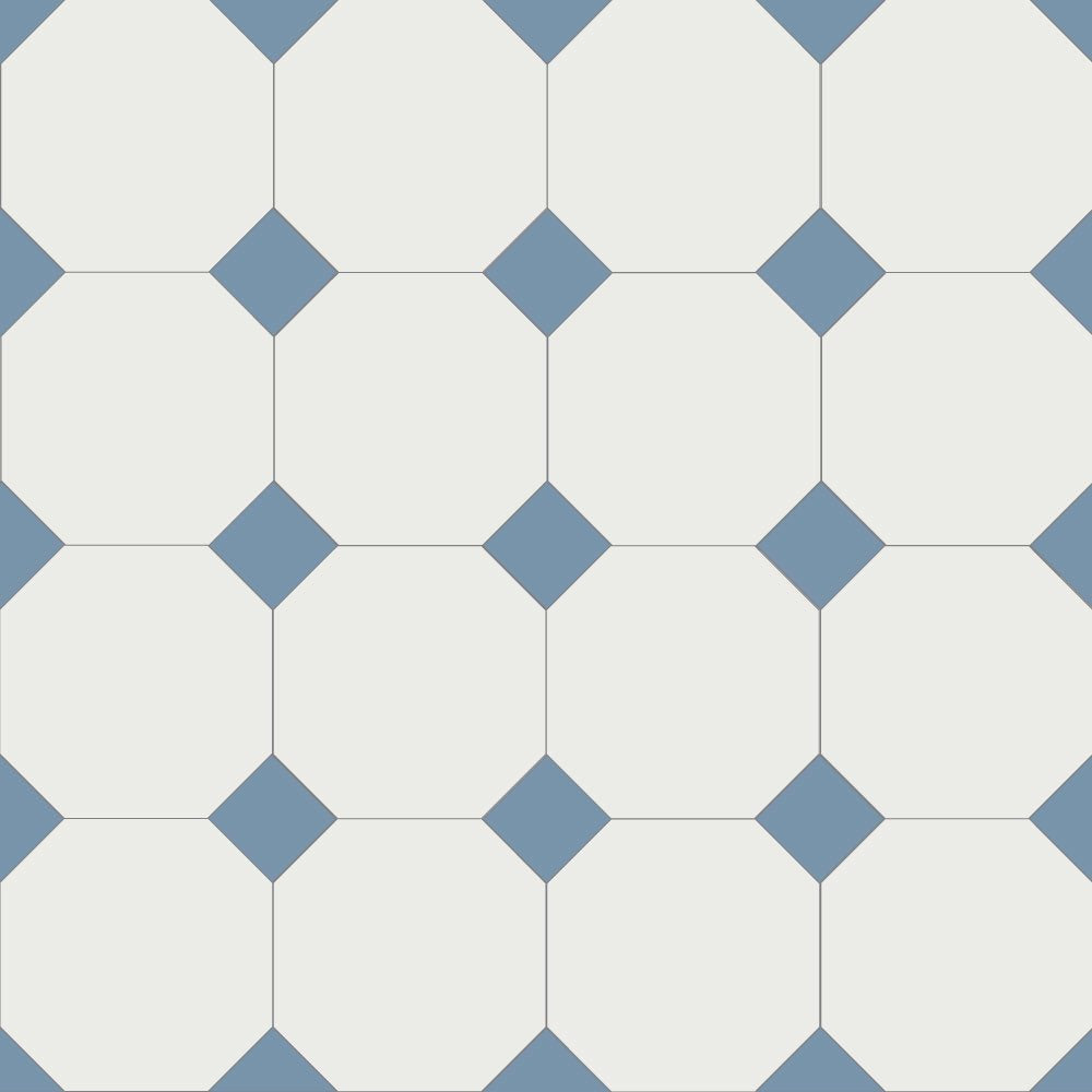 Classic Victorian-style floor tile pattern featuring white octagons with small, alternating blue square inserts at each corner, forming a traditional octagon-and-dot design. 