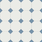 Classic Victorian-style floor tile pattern featuring white octagons with small, alternating blue square inserts at each corner, forming a traditional octagon-and-dot design. 