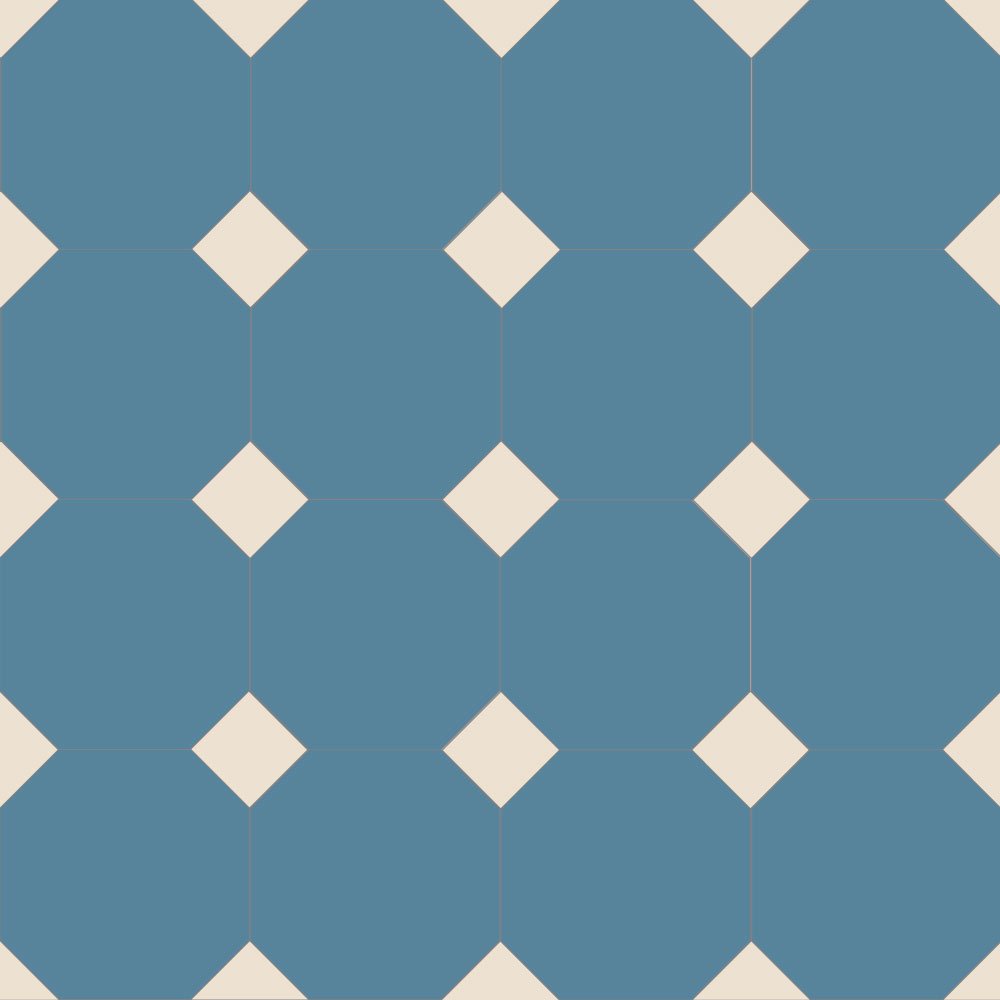 Classic Victorian-style floor tile pattern featuring blue octagons with small, alternating white square inserts at each corner, forming a traditional octagon-and-dot design. 