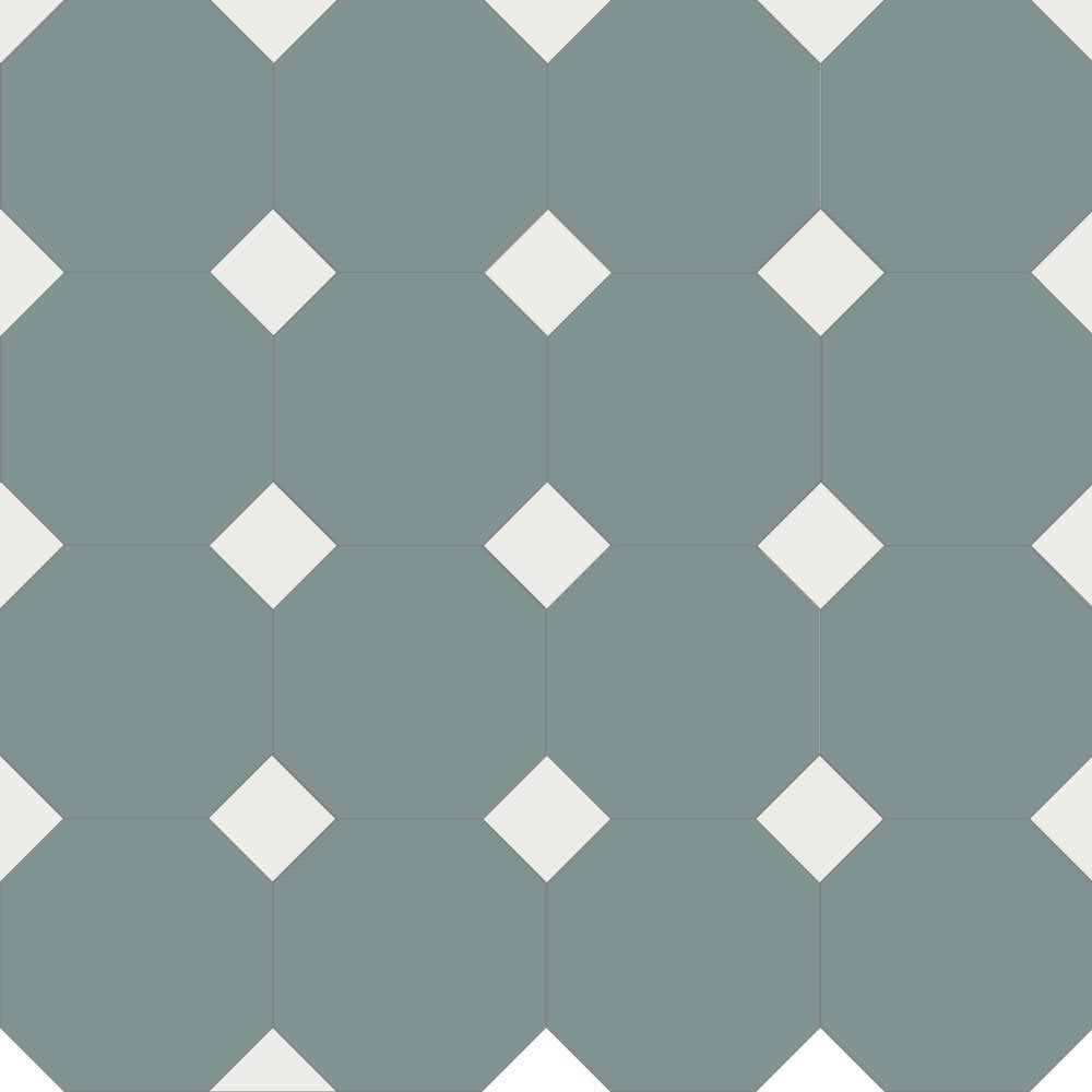 Classic Victorian-style floor tile pattern featuring sage green octagons with small, alternating super white square inserts at each corner, forming a traditional octagon-and-dot design. 