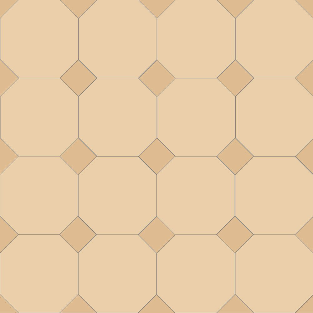 Classic Victorian-style floor tile pattern featuring cognac octagons with small, alternating ivory square inserts at each corner, forming a traditional octagon-and-dot design. 