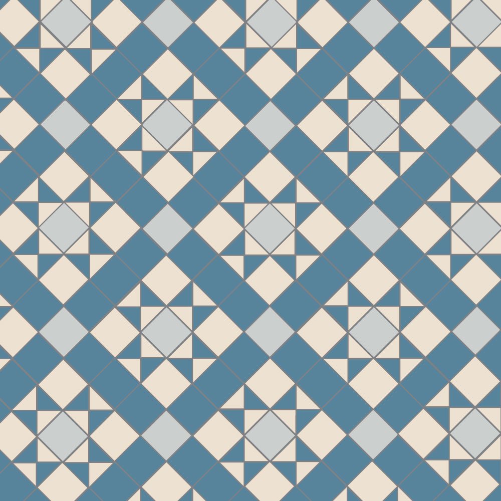 Blue, pearl grey and white geometric tile pattern with interlocking stars and diamonds for a serene and classic look. 