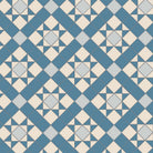 Blue, pearl grey and white geometric tile pattern with interlocking stars and diamonds for a serene and classic look. 