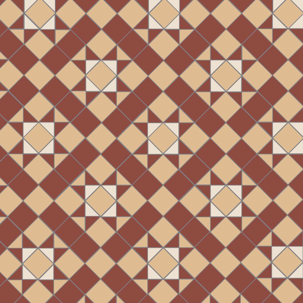 Victorian-inspired tile pattern with stars and diamonds in terracotta red and warm buff tones.  