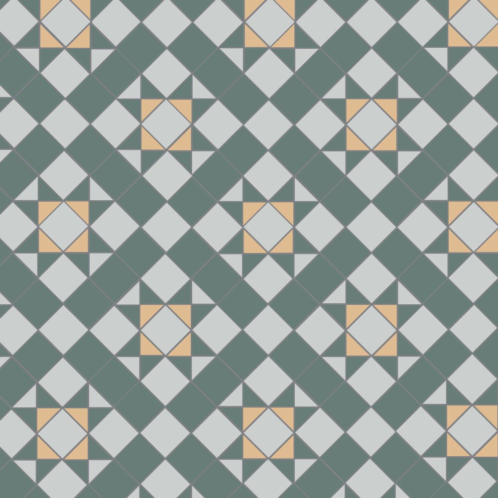 Victorian-inspired tile pattern with stars and diamonds in deep green, soft grey, and warm beige tones. 