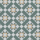 Victorian-inspired tile pattern with stars and diamonds in deep green, soft grey, and warm beige tones. 