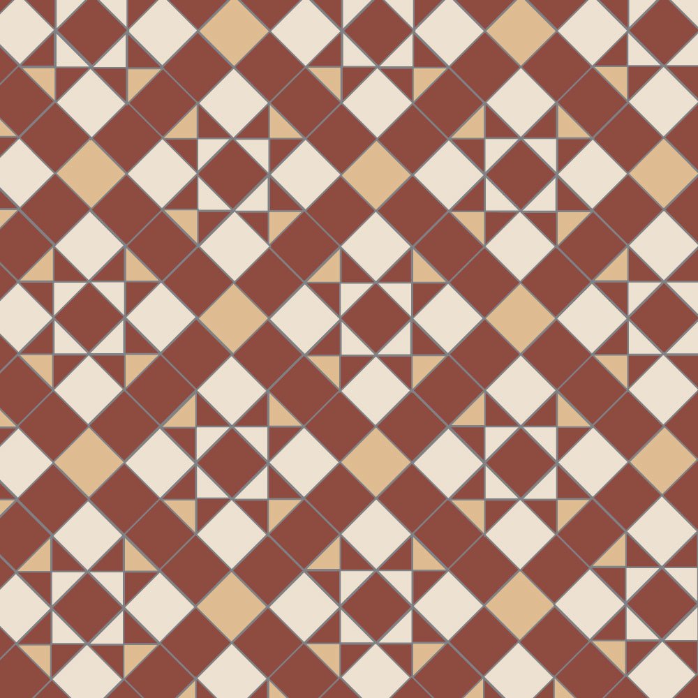 Victorian-inspired tile pattern with stars and diamonds in terracotta, buff, and cream tones for a luxurious look. 
