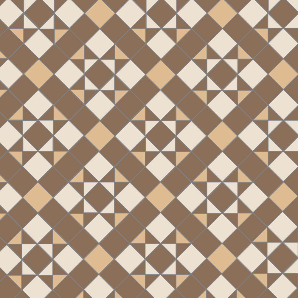 Victorian-inspired tile pattern with stars and diamonds in mocha brown, buff, and cream tones for a luxurious look. 