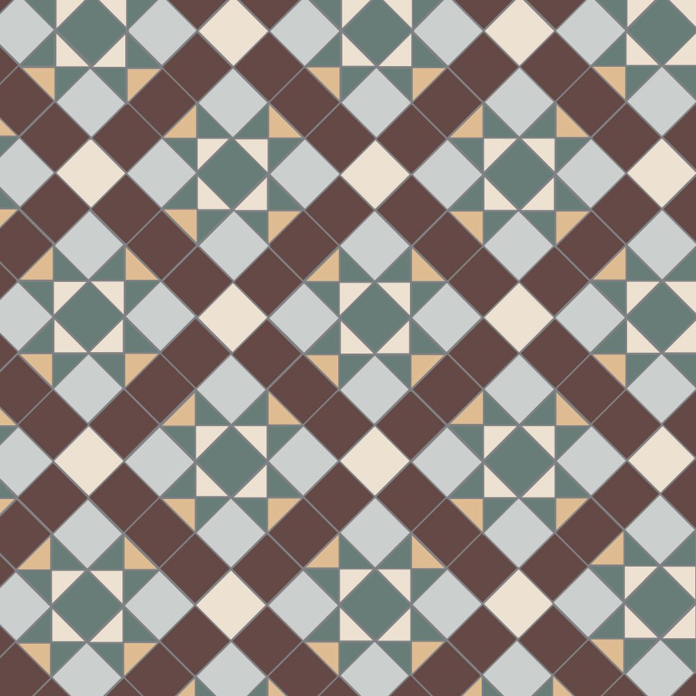 Victorian-inspired tile pattern with stars and diamonds in dark brown, dark green, pearl grey and cognac-beige tones for a luxurious look. 