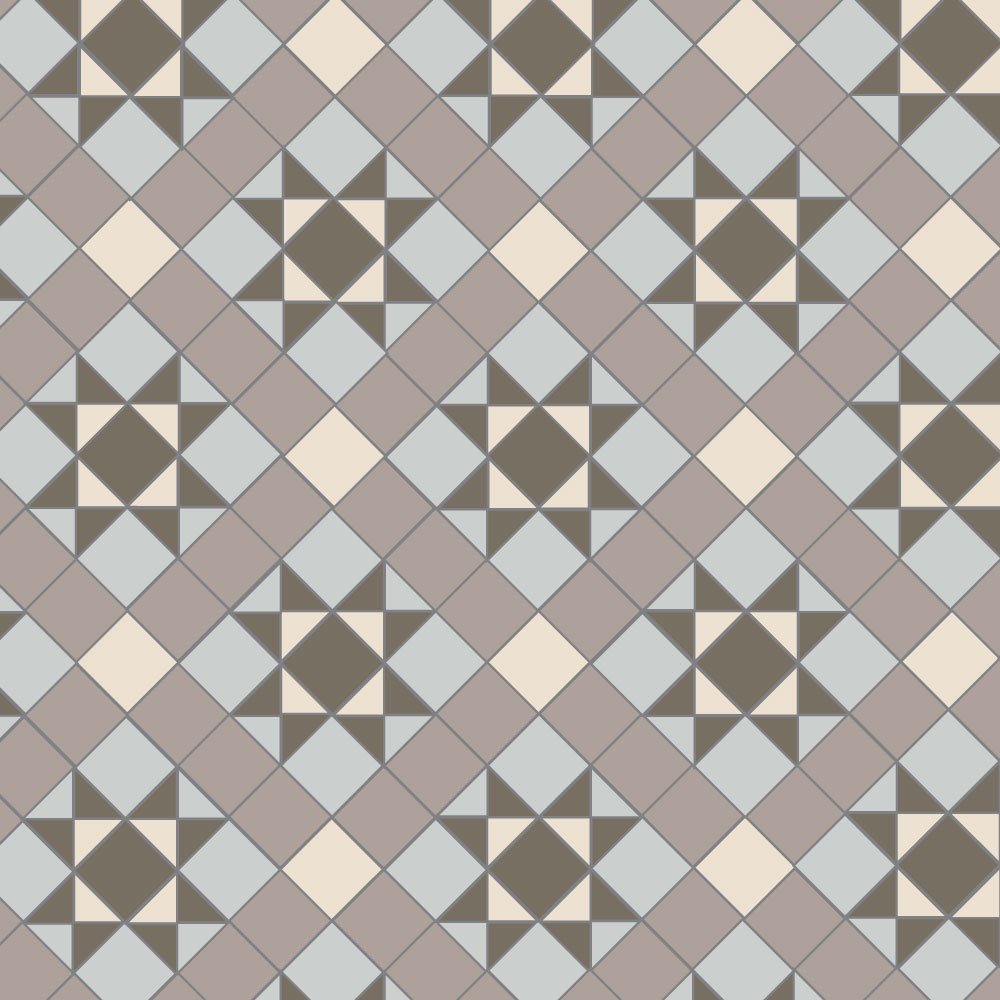 Victorian-inspired tile pattern with stars and diamonds in anthracite, grey, and creamy white tones for a refined look.  