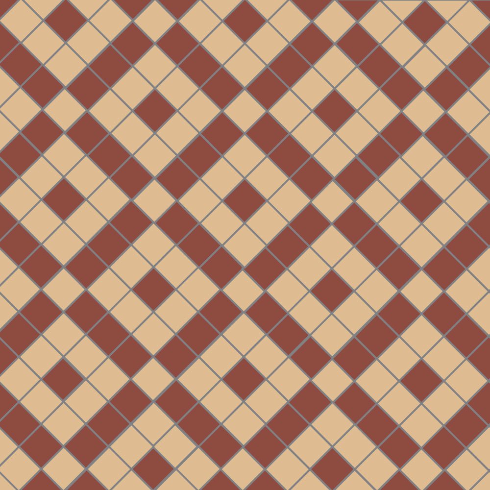 Victorian-inspired geometric tile design featuring interlocking terracotta red and cognac-beige 
squares arranged in a bold diagonal lattice pattern. 