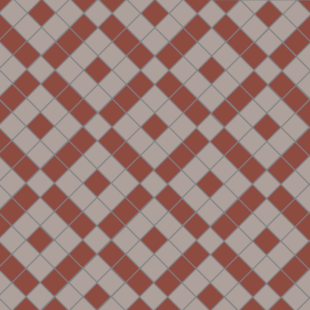 Victorian-inspired geometric tile design featuring interlocking terracotta red and pale grey squares arranged in a bold diagonal lattice pattern. 