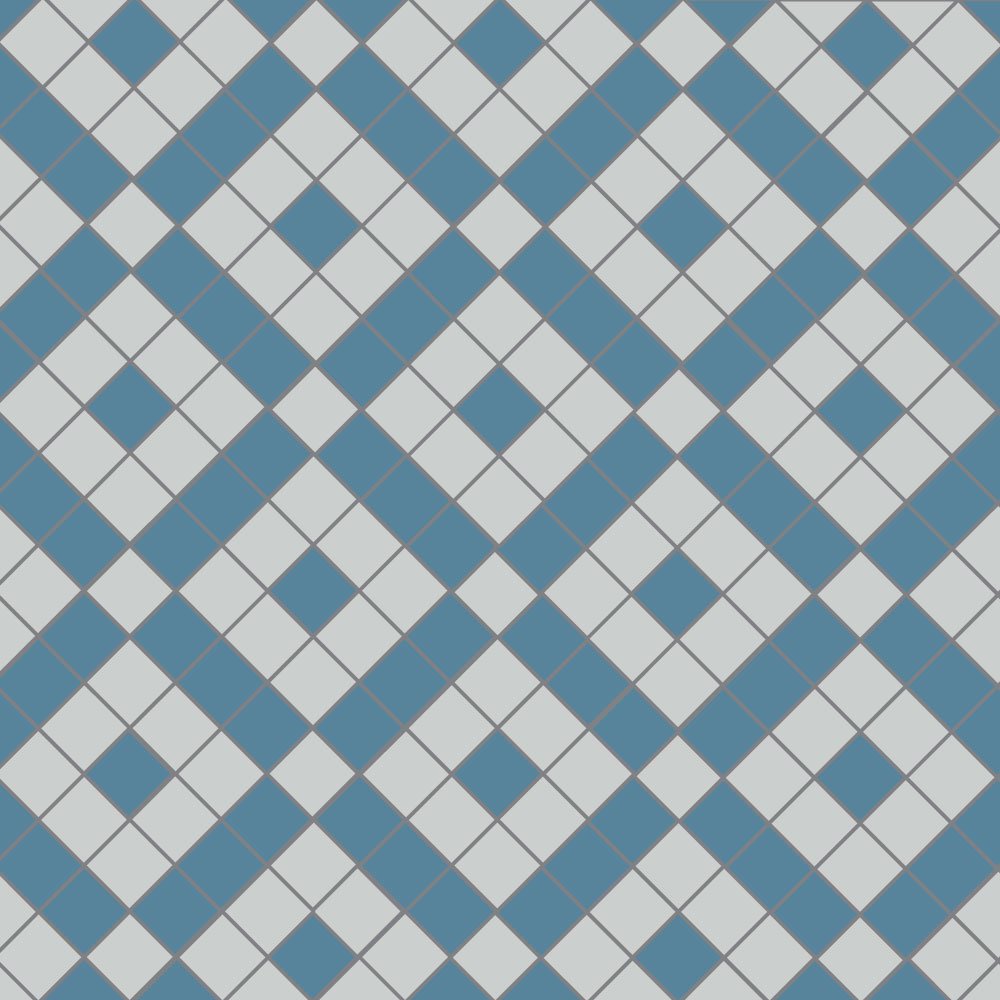 Victorian-inspired geometric tile design featuring interlocking dark-blue and pale-grey squares arranged in a bold diagonal lattice pattern for a timeless yet modern aesthetic. 