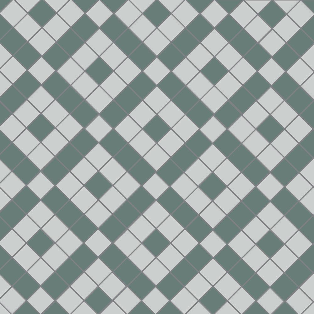 Victorian-inspired geometric tile design featuring interlocking green and grey squares arranged in a bold diagonal lattice pattern for a timeless yet modern aesthetic. 