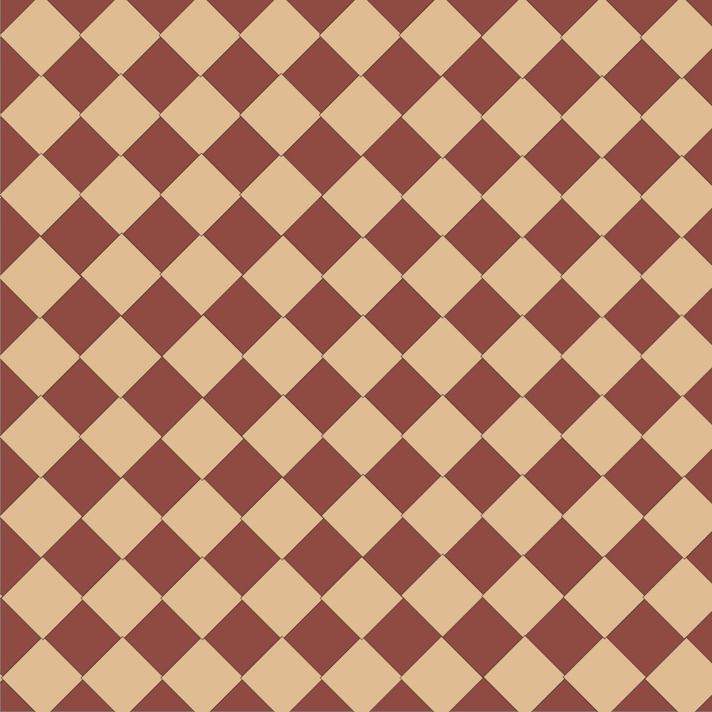 Victorian chequerboard tile design in classic cognac-beige and red made up of 50mm square tiles.  