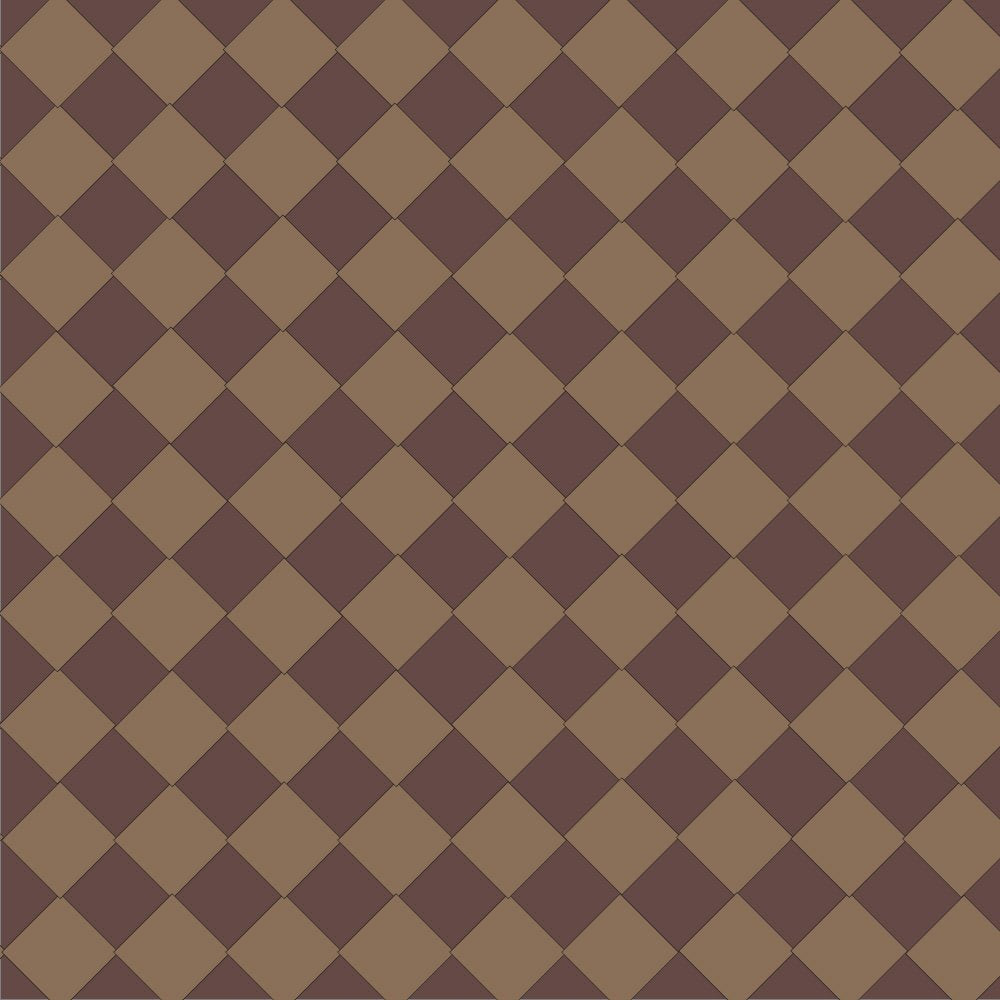 Victorian chequerboard tile design featuring Chocolate Brown and Coffee squares in a diamond layout, each tile measuring 50 mm.  
