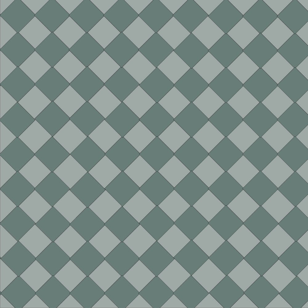 Victorian chequerboard tile design featuring Dark and Pale Green squares in a diamond layout, each tile measuring 50 mm.  