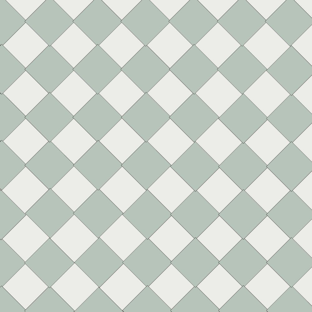 Victorian chequerboard tile design in sage green and white, made up of 70mm square tiles.  