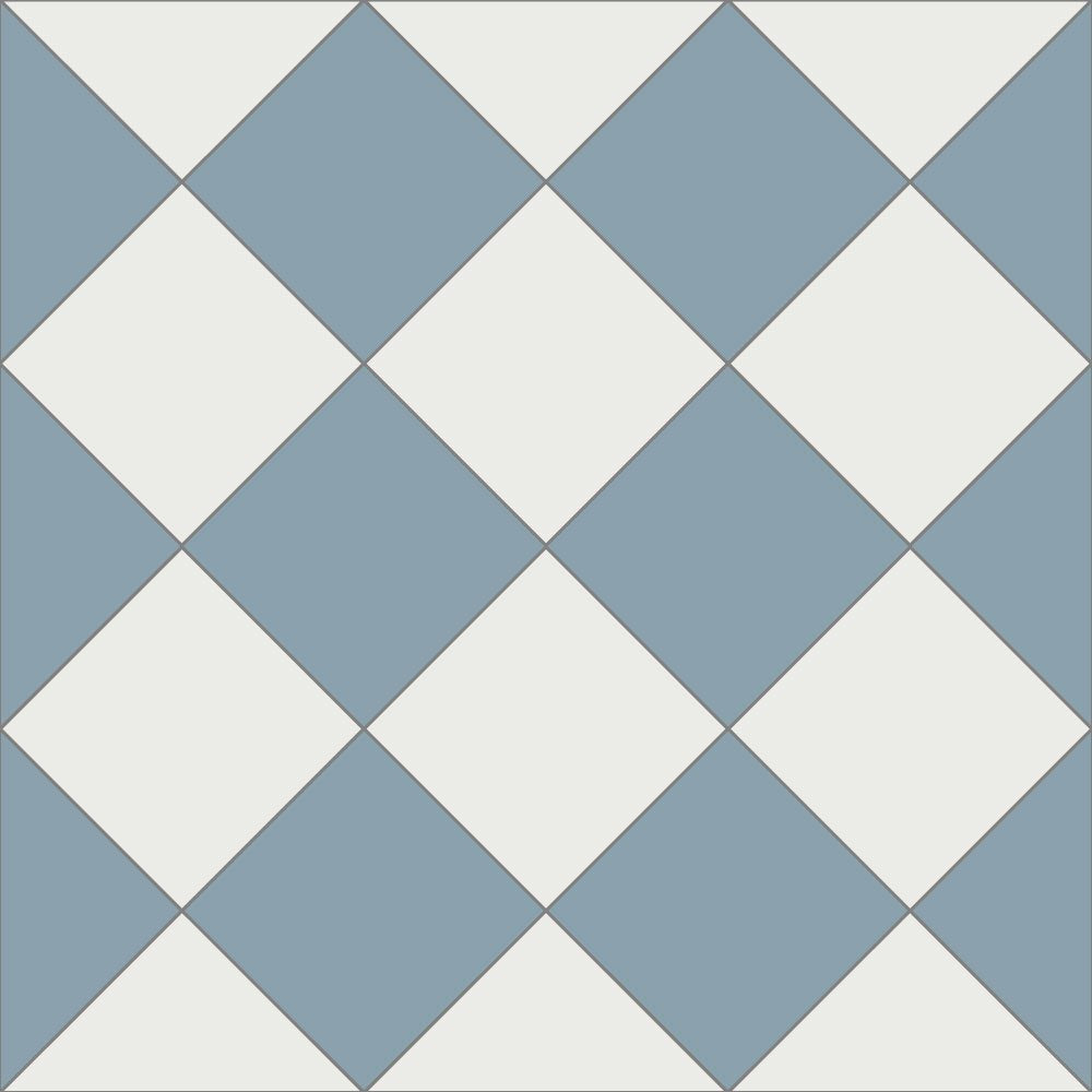 Victorian chequerboard tile design in soft pale blue and crisp super white, offering timeless elegance for traditional or modern spaces.  