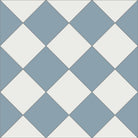 Victorian chequerboard tile design in soft pale blue and crisp super white, offering timeless elegance for traditional or modern spaces.  