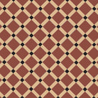 Victorian lattice tile design featuring large terracotta squares framed by warm beige diagonal bands in a crisscross pattern, accented with small black diamonds at each intersection for added contrast and depth.