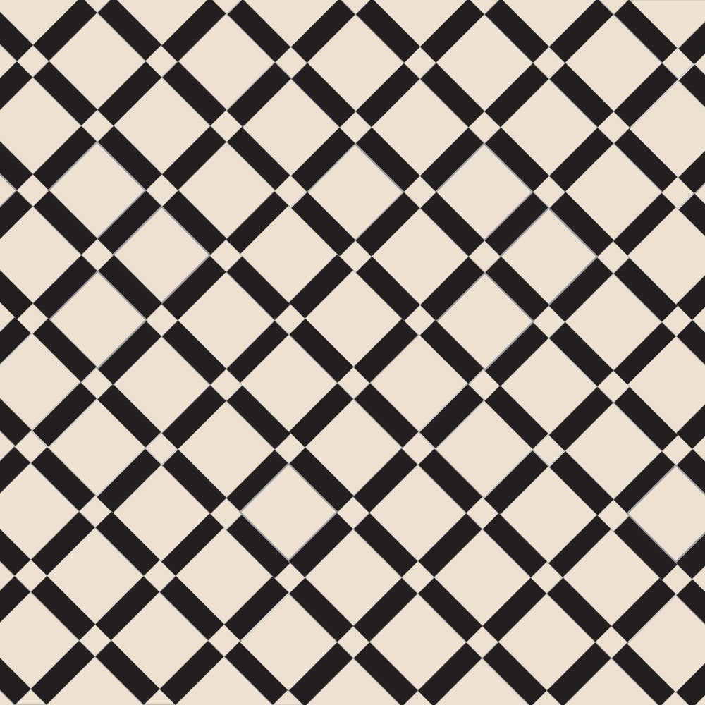 Victorian lattice tile design featuring large warm white squares framed by black diagonal bands in a crisscross pattern, accented with small white diamonds at each intersection for added contrast and depth.