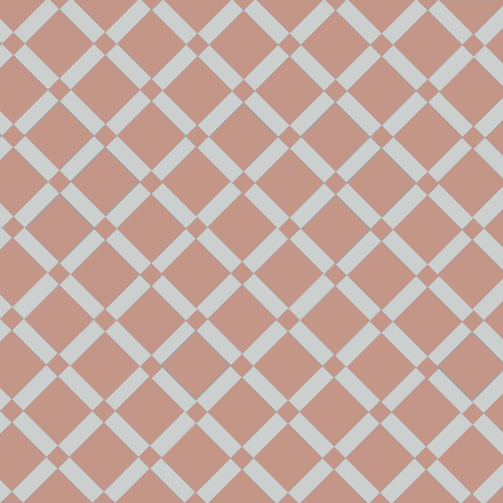 Victorian lattice tile design featuring large pink framed by warm pearl grey diagonal bands in a crisscross pattern, accented with small pink diamonds at each intersection for added contrast and depth.