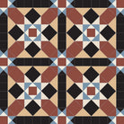 Victorian-style geometric tile pattern featuring interlocking squares and triangles in black, cognac-beige and terracotta-red tones with white and blue accents, forming repeating star motifs within a tessellated layout.   