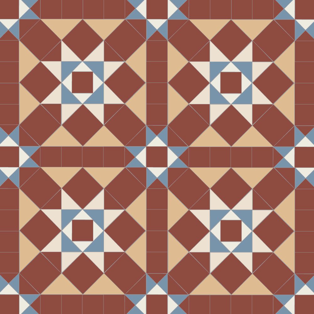 Victorian-style geometric tile pattern featuring interlocking squares and triangles in cognac-beige and terracotta-red tones and white with blue accents, forming repeating star motifs within a tessellated layout.   