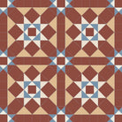 Victorian-style geometric tile pattern featuring interlocking squares and triangles in cognac-beige and terracotta-red tones and white with blue accents, forming repeating star motifs within a tessellated layout.   