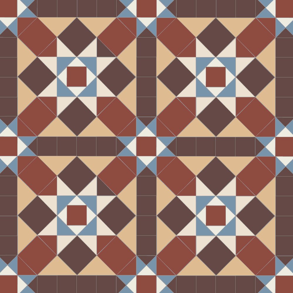 Victorian-style geometric tile pattern featuring interlocking squares and triangles in brown, cognac-beige and terracotta-red tones with white and blue accents, forming repeating star motifs within a tessellated layout.   