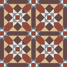 Victorian-style geometric tile pattern featuring interlocking squares and triangles in brown, cognac-beige and terracotta-red tones with white and blue accents, forming repeating star motifs within a tessellated layout.   