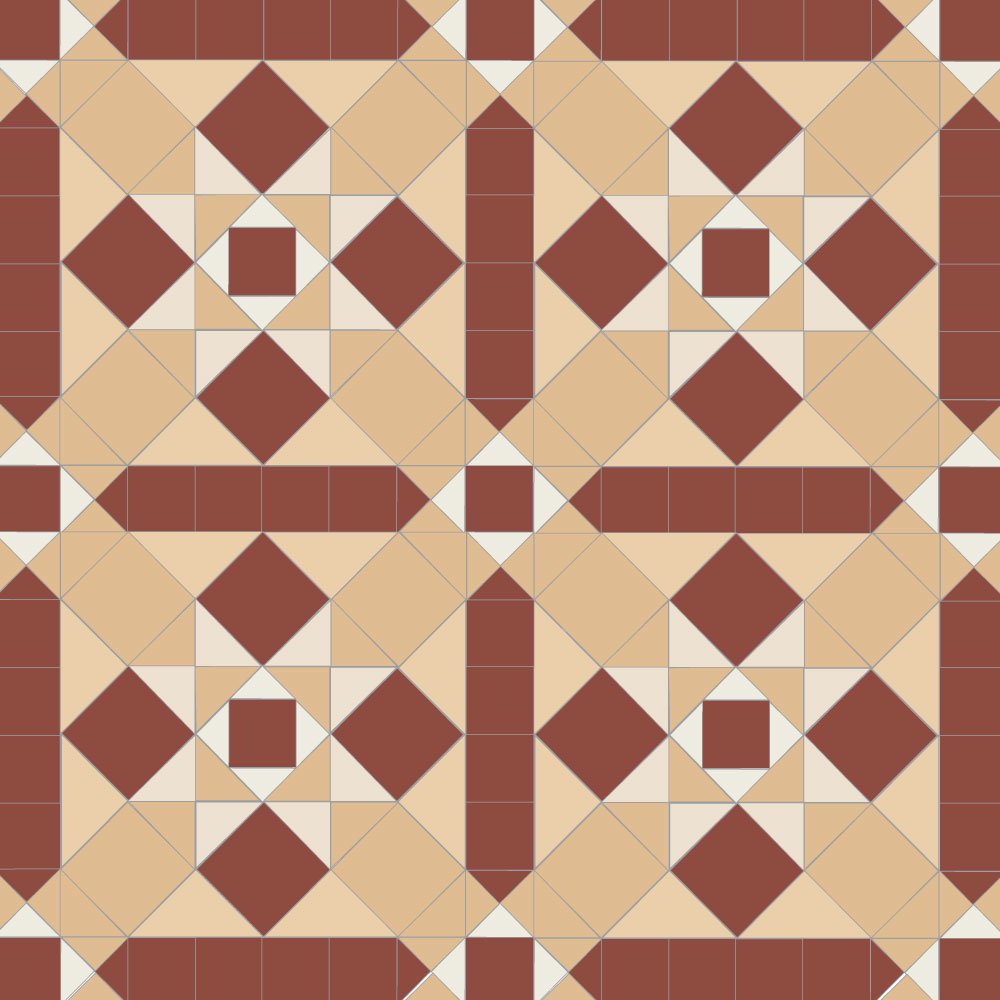 Victorian-style geometric tile pattern featuring interlocking squares and triangles in cognac-beige and terracotta-red tones with white accents, forming repeating star motifs within a tessellated layout.   