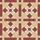 Victorian-style geometric tile pattern featuring interlocking squares and triangles in cognac-beige and terracotta-red tones with white accents, forming repeating star motifs within a tessellated layout.   