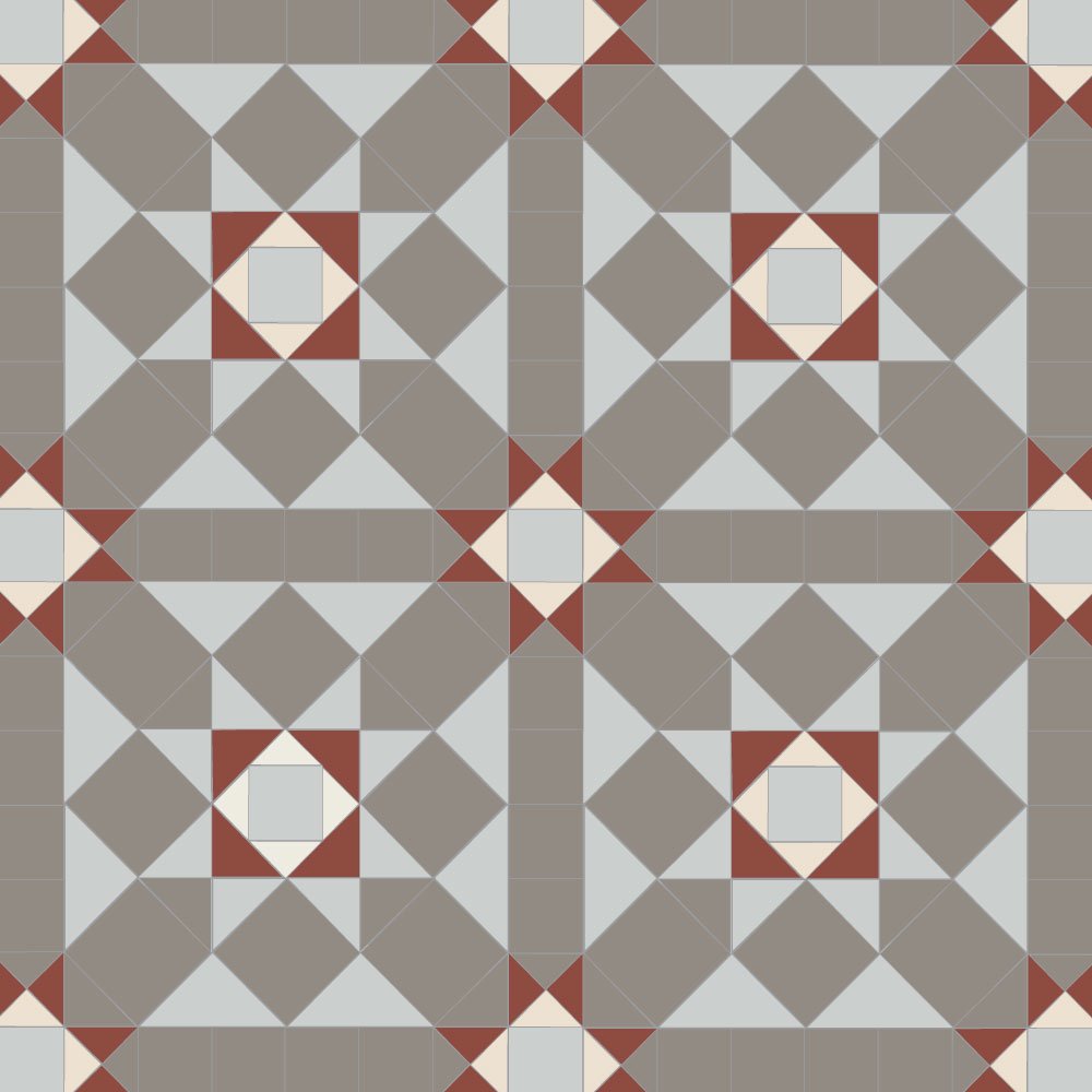 Victorian-style geometric tile pattern featuring interlocking squares and triangles in shades of grey with terracotta-red and warm white accents, forming repeating star motifs within a tessellated layout.   
