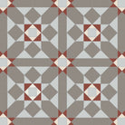 Victorian-style geometric tile pattern featuring interlocking squares and triangles in shades of grey with terracotta-red and warm white accents, forming repeating star motifs within a tessellated layout.   