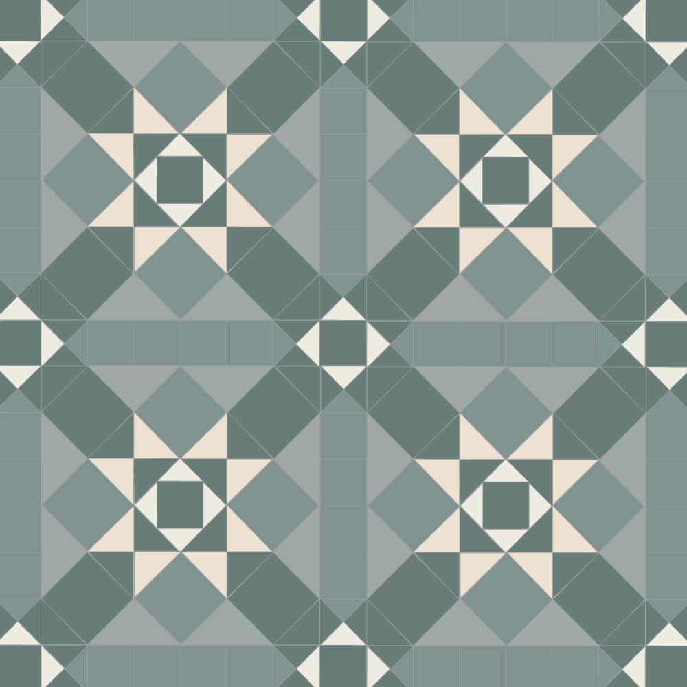 Victorian-style geometric tile pattern featuring interlocking squares and triangles in shades of green with warm white accents, forming repeating star motifs within a tessellated layout.   