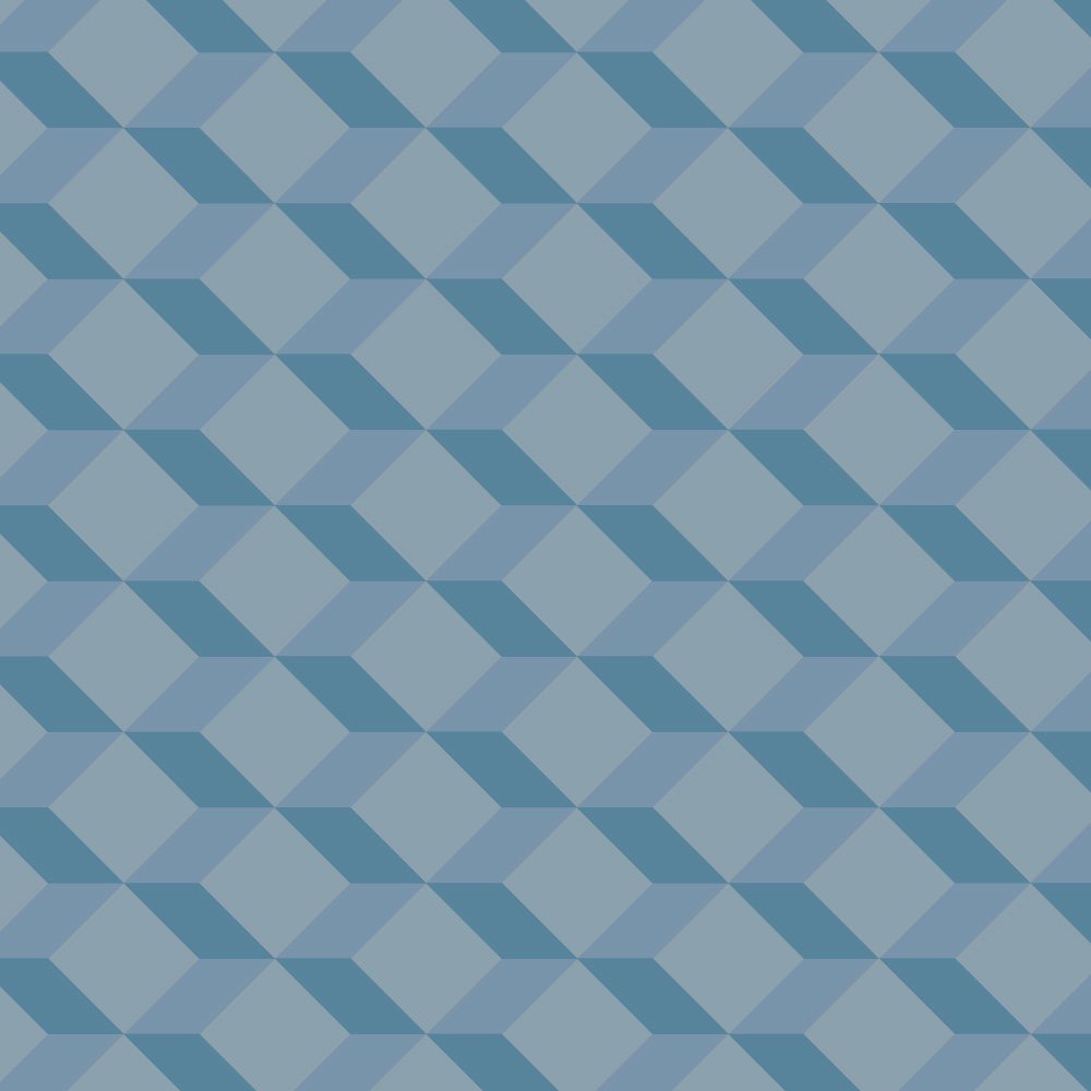 Victorian geometric tile design with interlocking various shades of blue diamonds, creating a three-dimensional lattice effect.  