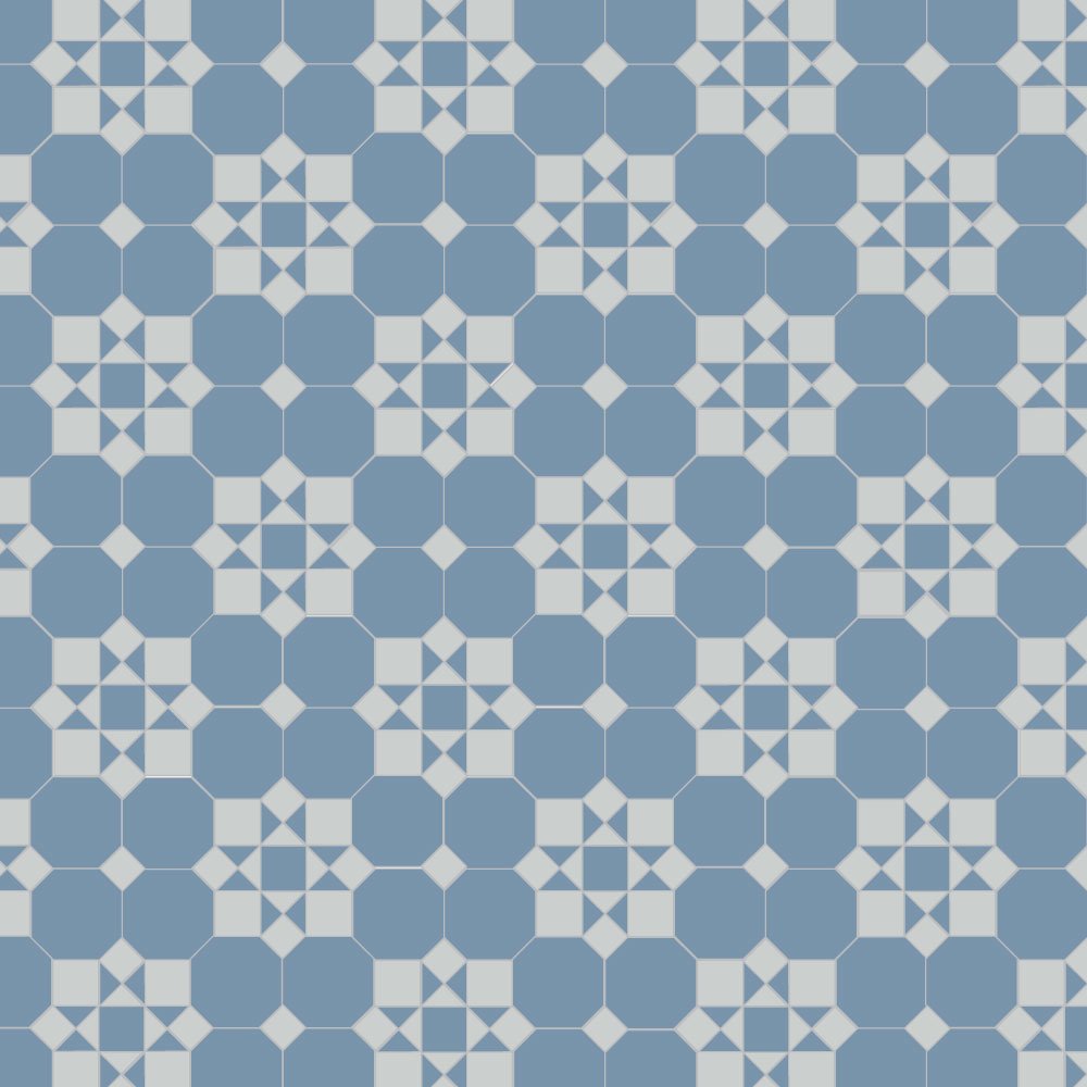 Geometric pattern featuring blue octagons, small pearl-grey squares, and star-like motifs formed by blue triangular segments in a symmetrical layout.  