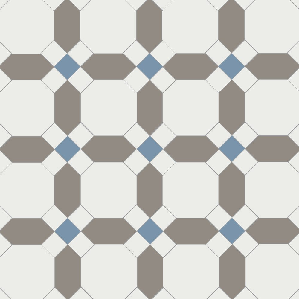 Victorian tile pattern with white octagons, grey connecting hexagons, and blue diamond accents in a geometric grid.   