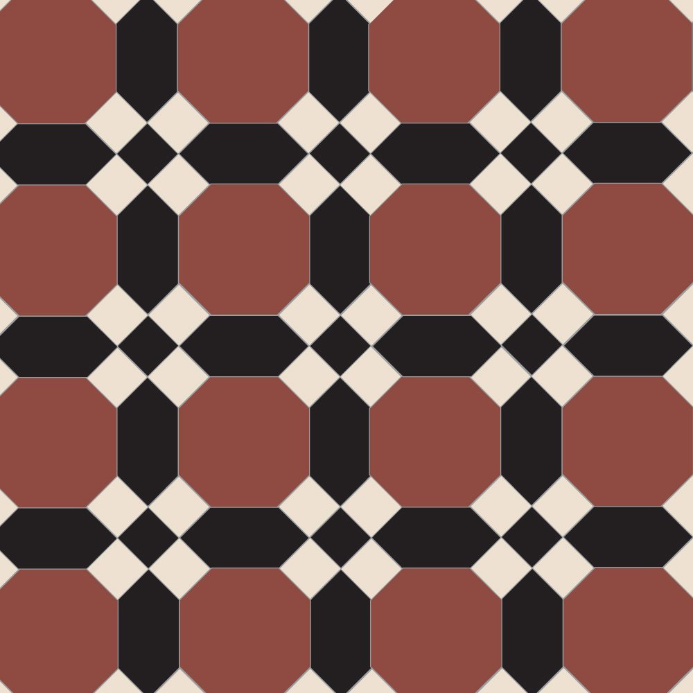 Victorian tile pattern with terracotta octagons, black intersecting hexagons, and ivory-white diamond accents.  