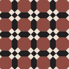 Victorian tile pattern with terracotta octagons, black intersecting hexagons, and ivory-white diamond accents.  