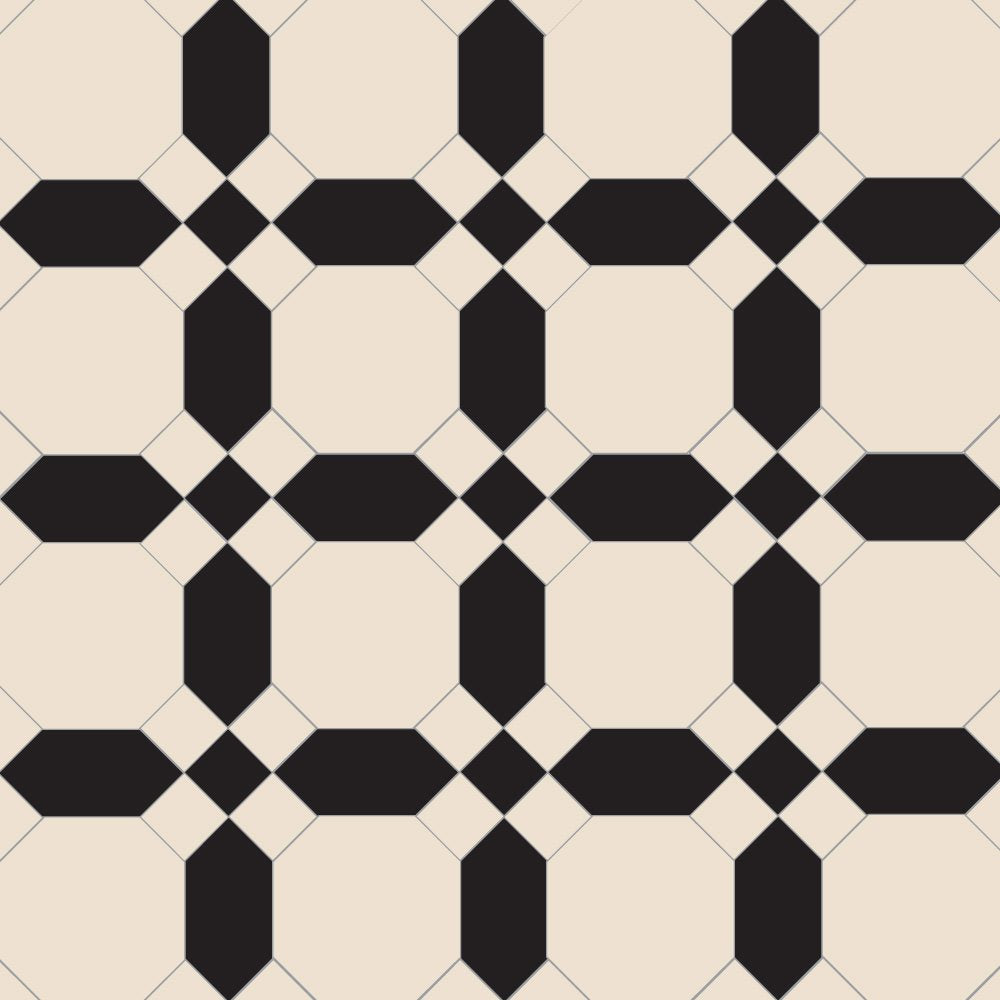 Victorian tile pattern with ivory-beige octagons and black connecting bands with diamond accents in a geometric grid.  
