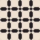 Victorian tile pattern with ivory-beige octagons and black connecting bands with diamond accents in a geometric grid.  