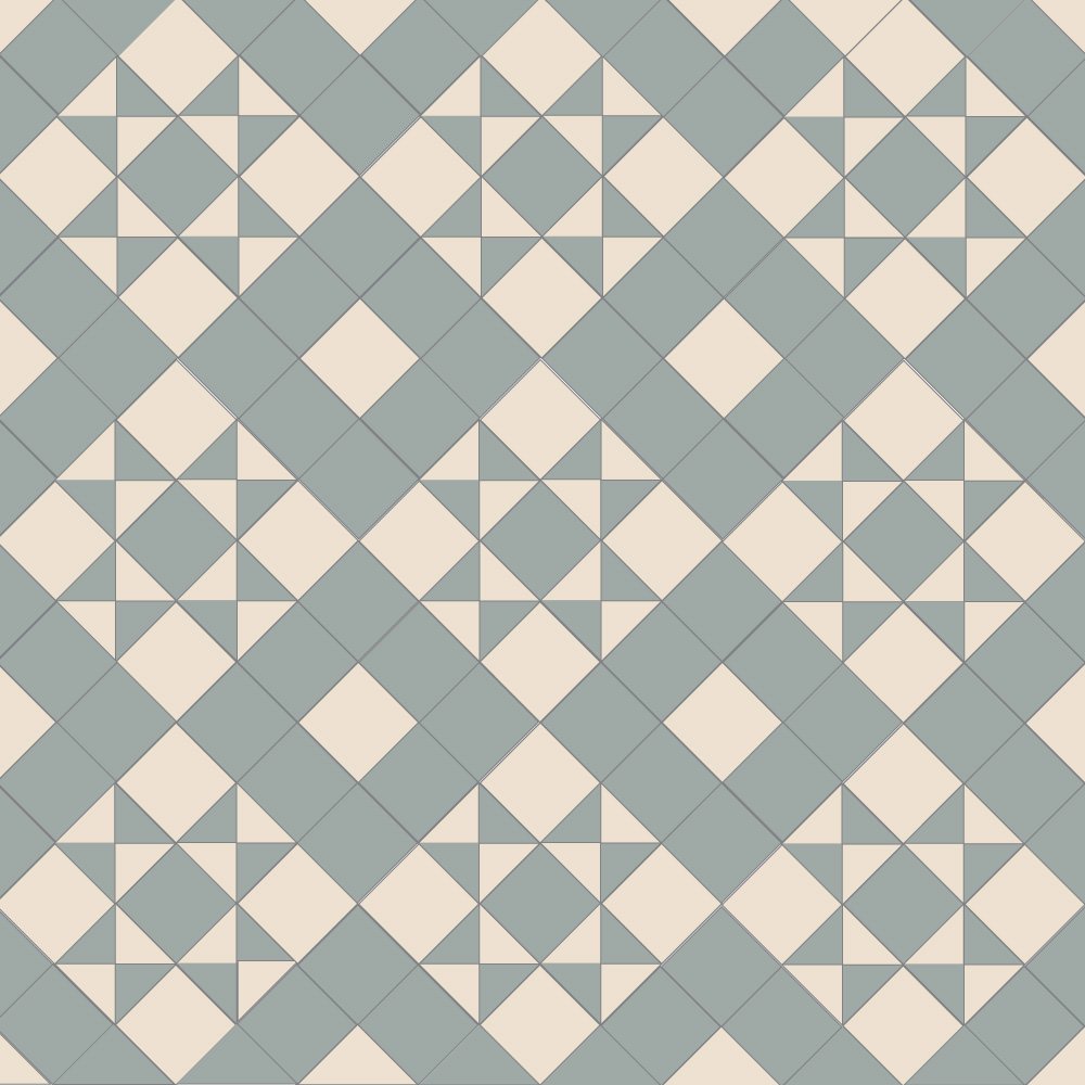 Victorian-style tile pattern with pale green star motifs on an ivory-white background in a geometric grid.  